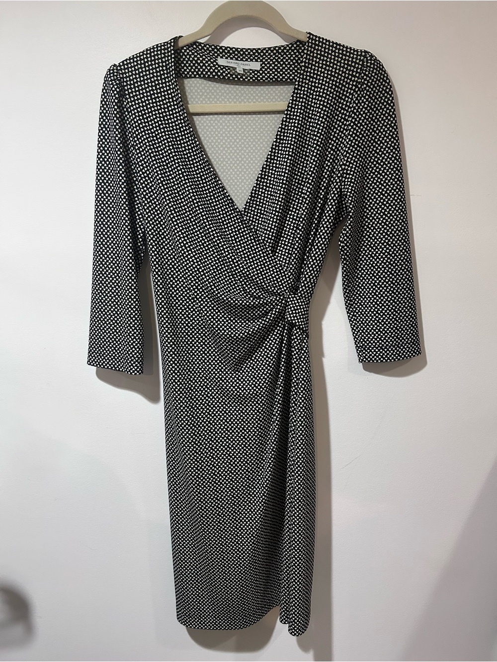 Gerard Darel Paris Black with White Hearts Midi Wrap-Style Dress
